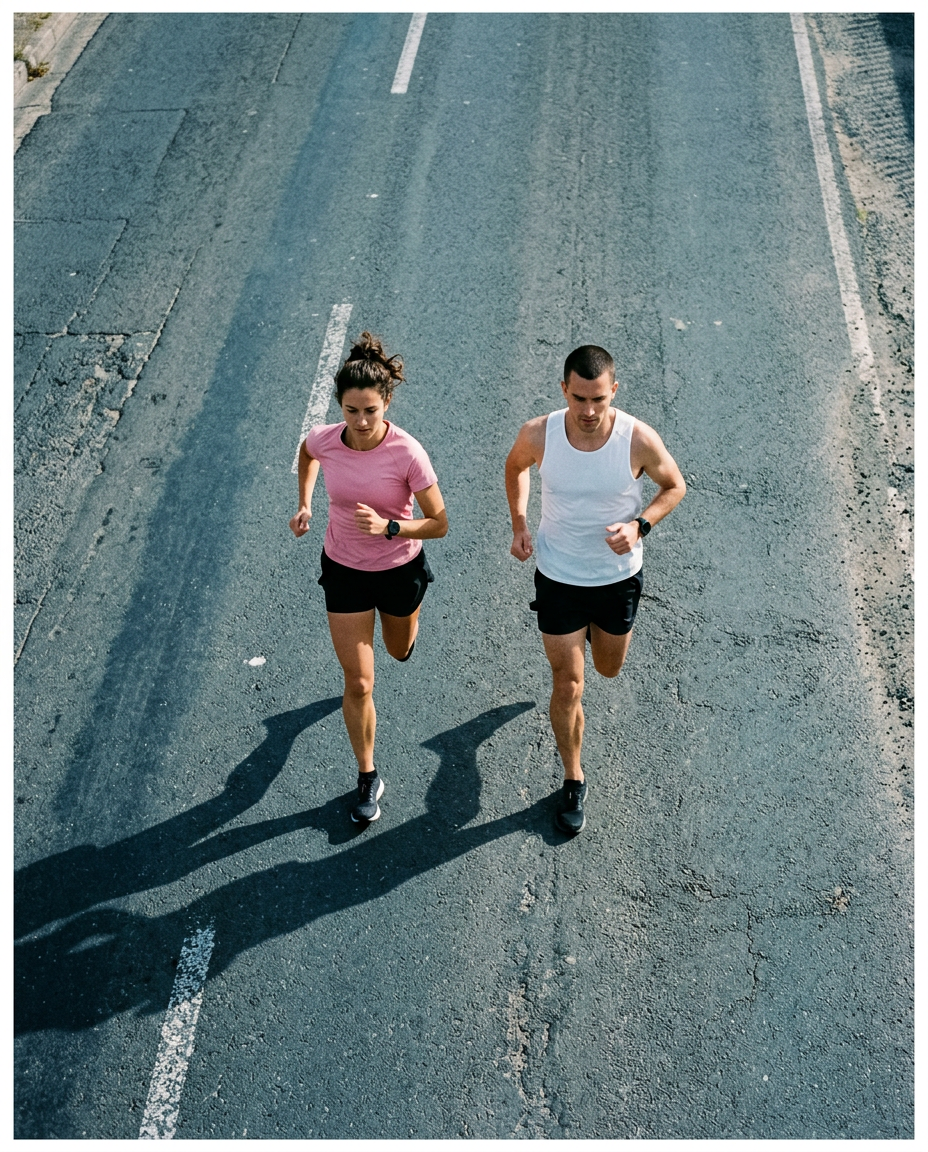 Two runners with sports watches, seen from above on a grey road