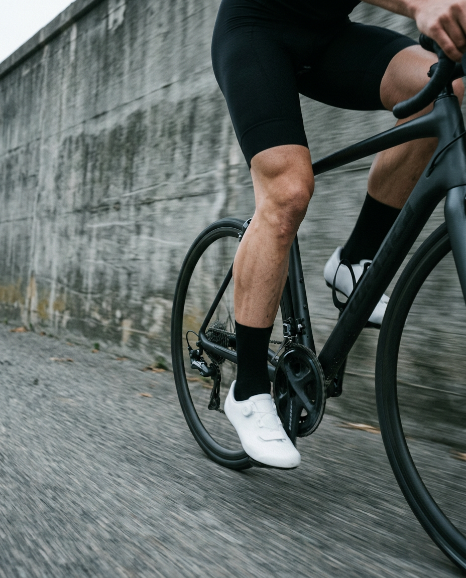 A cyclist's legs and pedals in motion beside a concrete wall