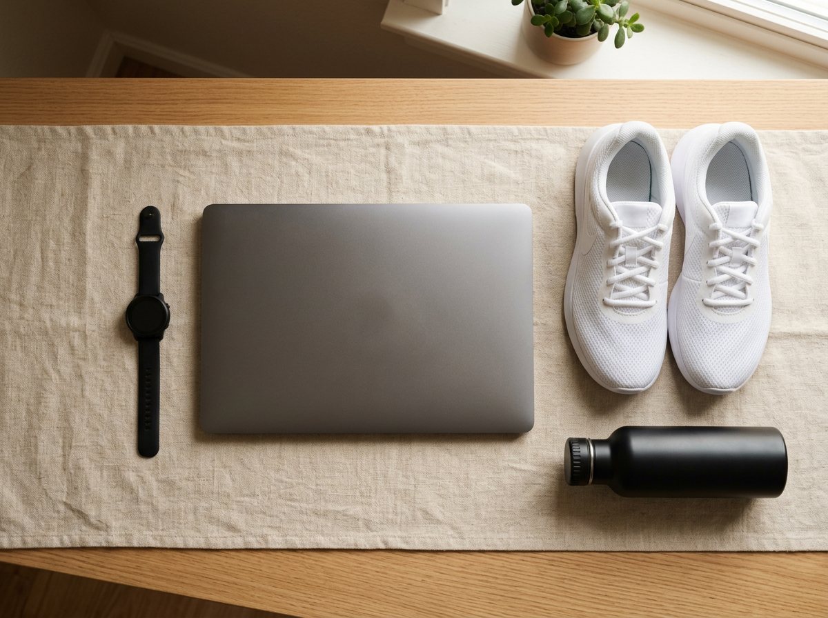 A laptop, white running shoes, a water bottle and a sports watch on a linen runner