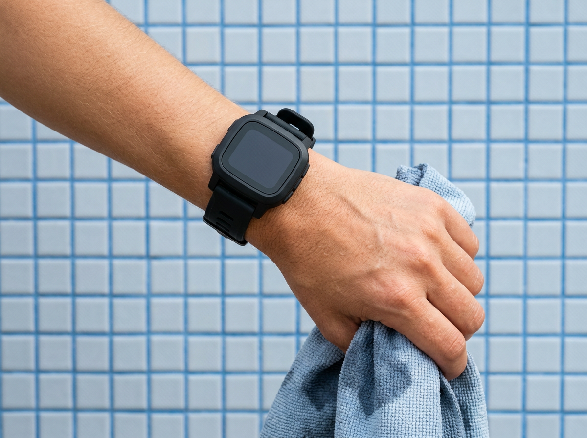 A wrist wearing a black sports watch against blue tiles